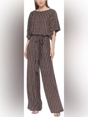 Jessica Howard Metallic Striped Wide-Leg Jumpsuit - Brown & Cream